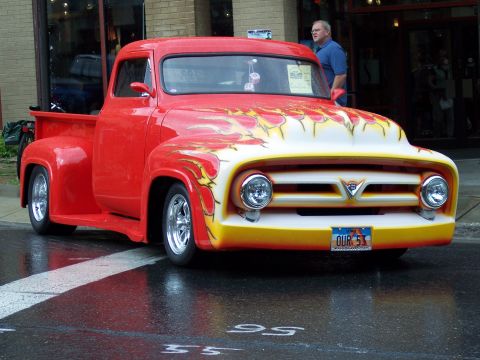 1972 Ford Ranchero - Customized 1953 Ford F-100 pickup truck with flame graphics on the hood and grille.