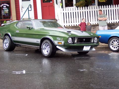1972 Ford Ranchero - A green 1971 Ford Mustang Mach 1 is parked on a wet street, with another vehicle visible to its right.