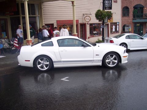 White Shelby GT Mustang coupe in profile on a wet street with shops behind.