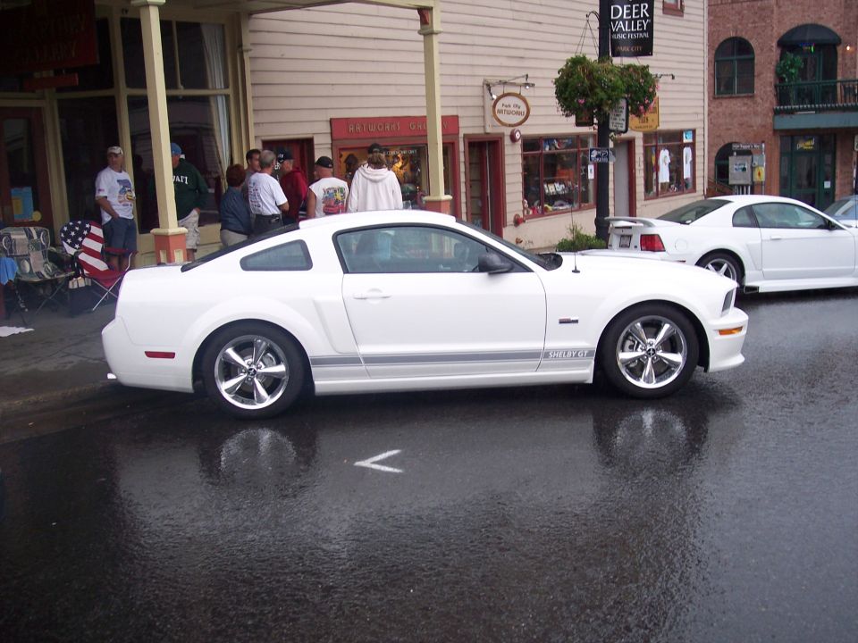 White Shelby GT Mustang coupe in profile on a wet street with shops behind.