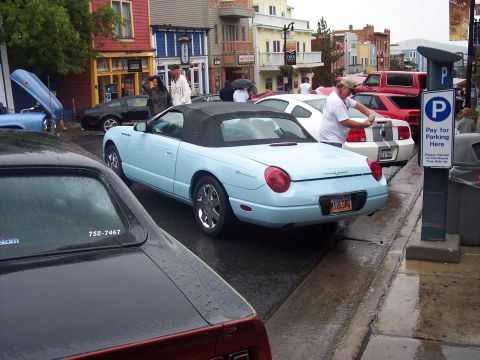 Light blue Thunderbird convertible parked rear-3/4 on wet street near parking meter