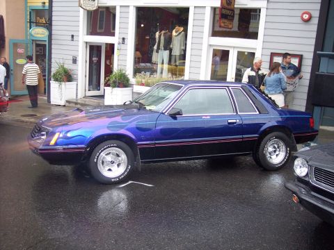 Blue coupe with purple flame paint and chrome wheels on wet street