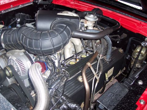 Engine bay with black air intake, alternator and valve cover in a red-bodied vehicle