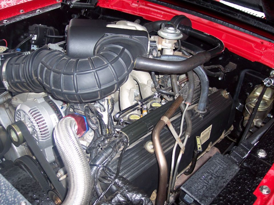 Engine bay with black air intake, alternator and valve cover in a red-bodied vehicle