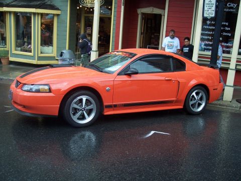 Orange Ford Mustang coupe with black stripes parked on wet street