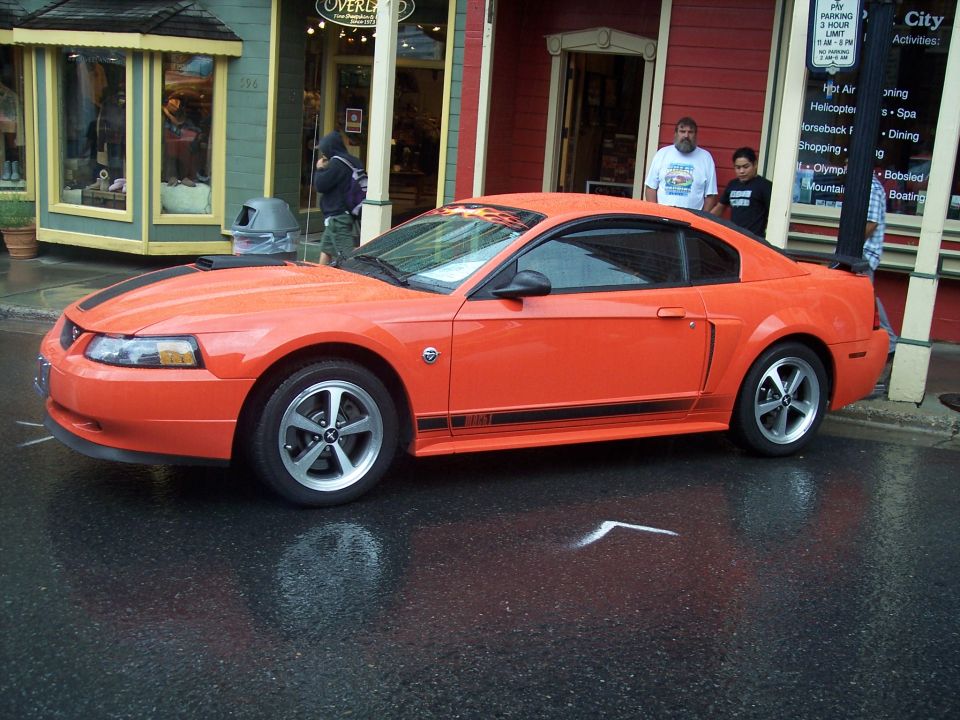 Orange Ford Mustang coupe with black stripes parked on wet street