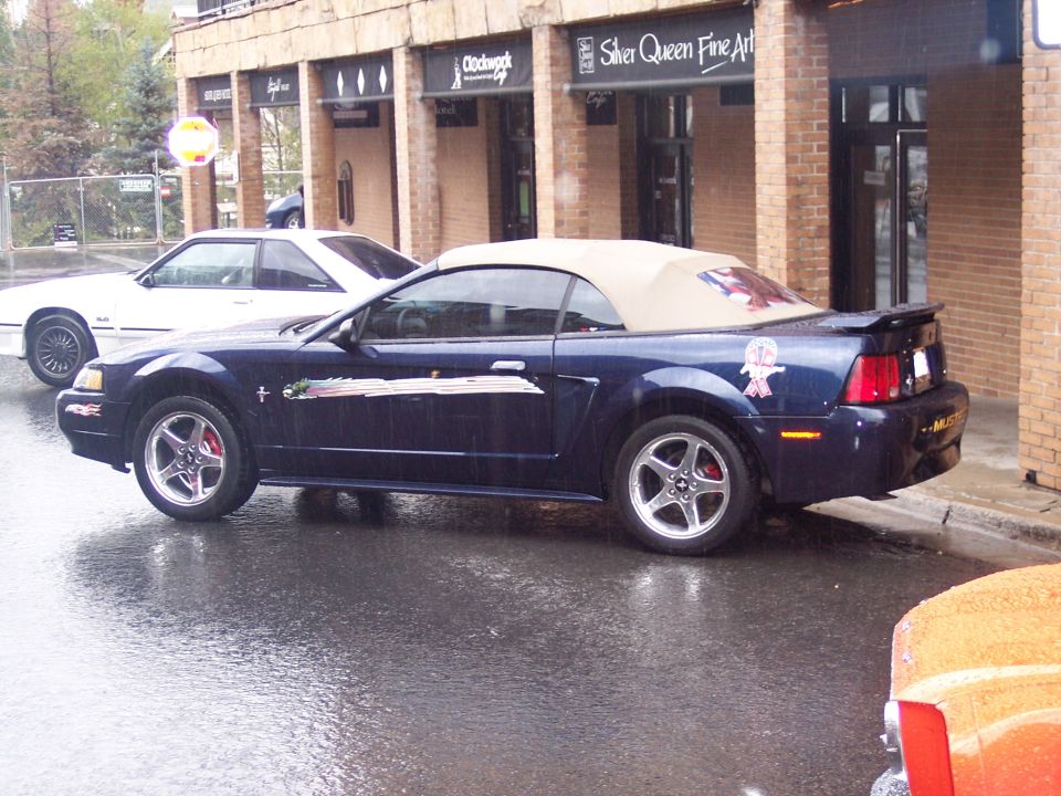 Dark blue Mustang convertible with tan top parked on wet street by brick storefronts