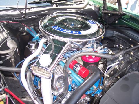 1972 Ford Ranchero - Engine bay detail showing a Ford 351 Cleveland engine, likely from the early 1970s.