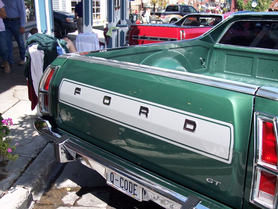 Green 1972 Ford Ranchero rear with GT badge and Q-CODE license plate