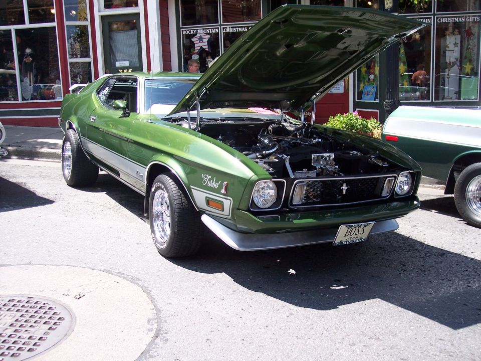 Green 1971 Ford Mustang Mach 1 with hood open, showing engine. Chrome wheels, silver stripe