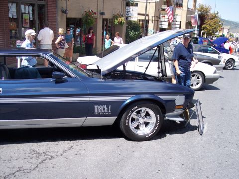 1972 Ford Ranchero - A blue 1971 Ford Mustang Mach 1 is displayed at an outdoor event with other vehicles and spectators.