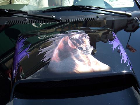 1972 Ford Ranchero - Custom hood scoop features a horse graphic with purple flame accents.