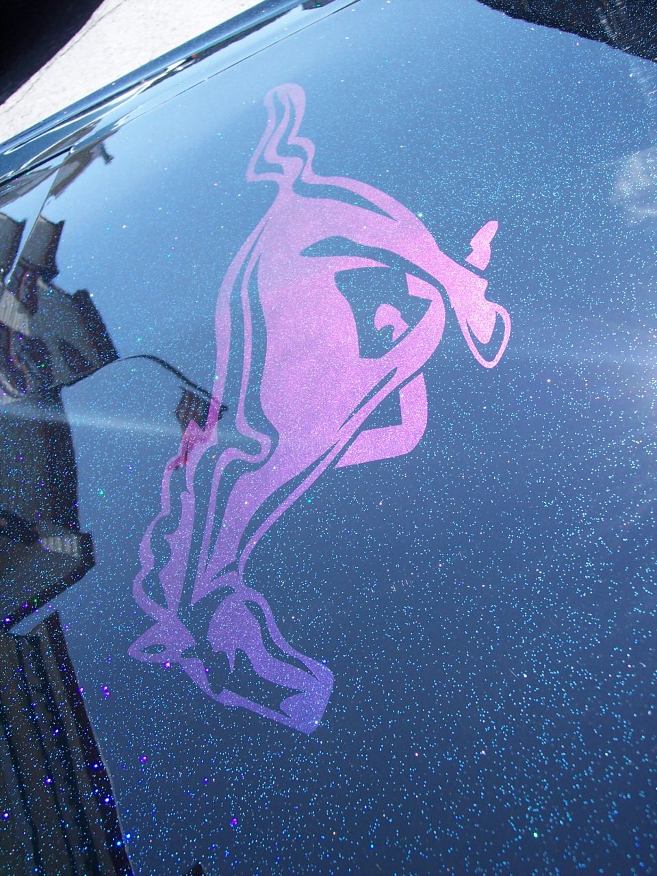 Purple and pink graphic on a dark, glittery car hood