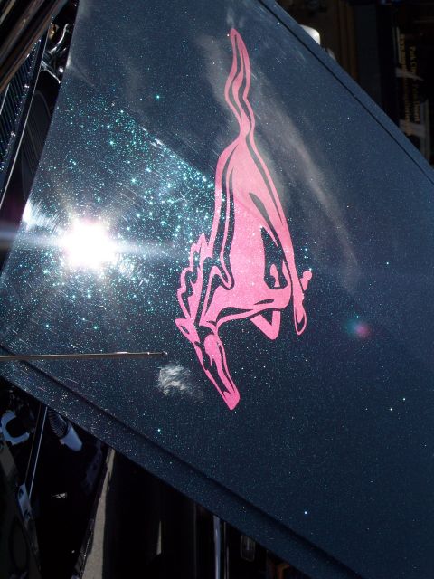 1972 Ford Ranchero - A dark blue metallic hood displays a pink running horse decal with glitter paint.