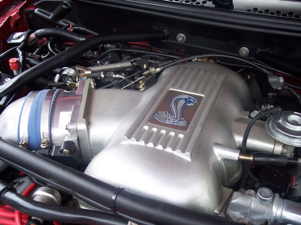 Silver engine intake manifold with blue and silver Cobra emblem, showing hoses and wiring