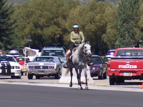 1972 Ford Ranchero - A woman rides a horse past a collection of vehicles parked outdoors on a sunny day.