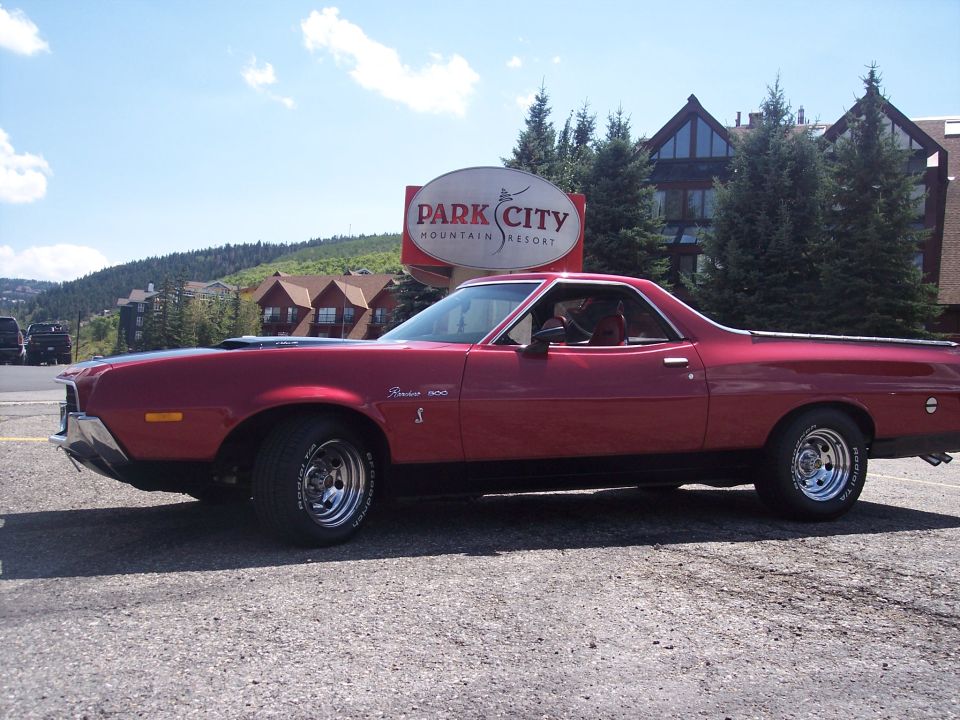 Red 1972 Ford Ranchero parked outside Park City Mountain Resort