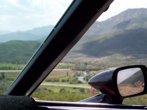 1972 Ford Ranchero - Looking out from the car's interior at a scenic mountain landscape.