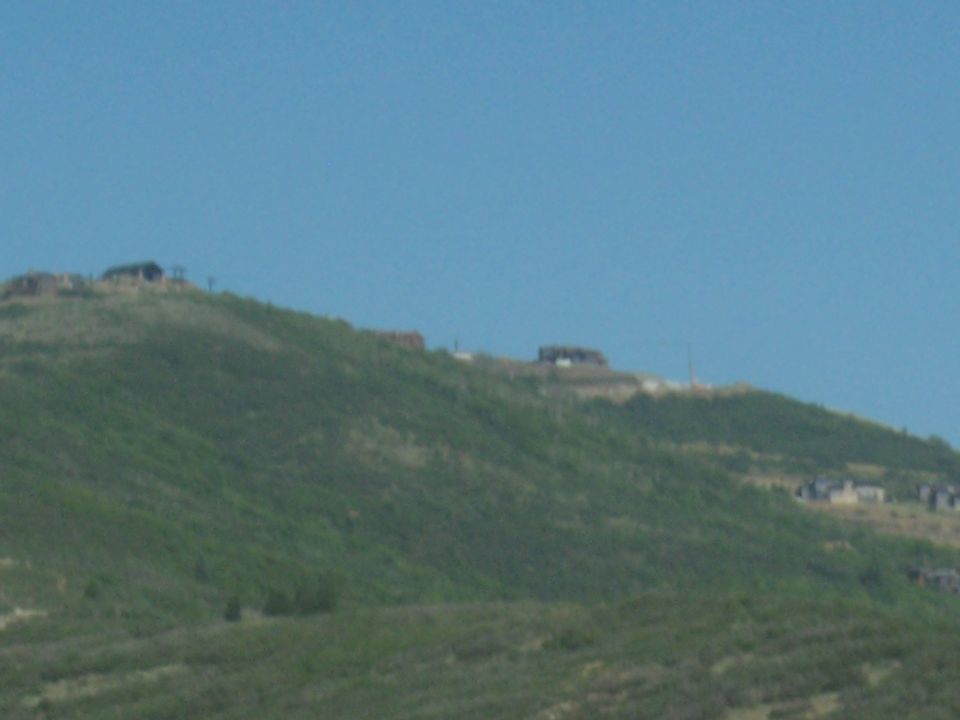 Houses are built on a grassy, treed hill under a clear blue sky