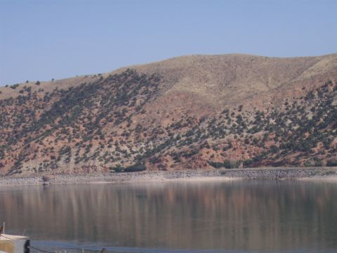 1972 Ford Ranchero - A calm lake mirrors a barren hillside dotted with sparse vegetation under a bright sky.