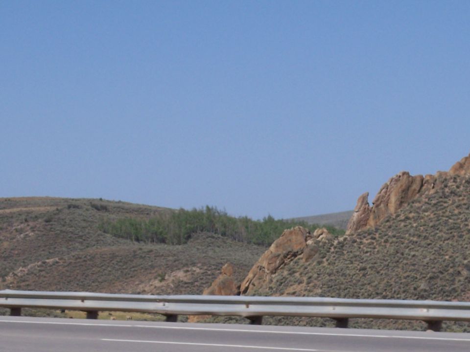 Mountainous terrain with scrub brush and trees, under a clear blue sky, with a highway guardrail in the foreground