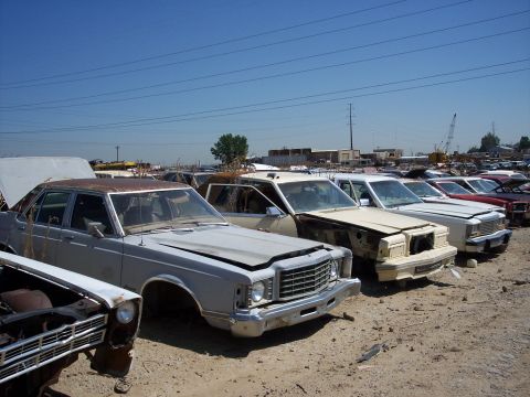 1972 Ford Ranchero - A line of abandoned vehicles sits in a junkyard under a clear blue sky.
