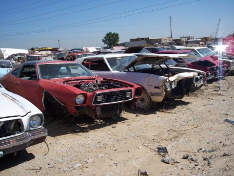 1972 Ford Ranchero - A red 1977 Ford Ranchero coupe sits in a junkyard with its hood open, surrounded by other vehicles.