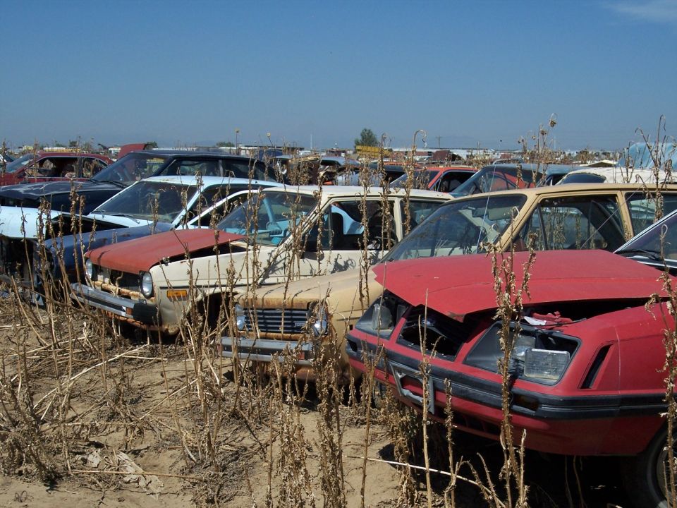 Junkyard scene with several old cars parked close together, some with hoods open