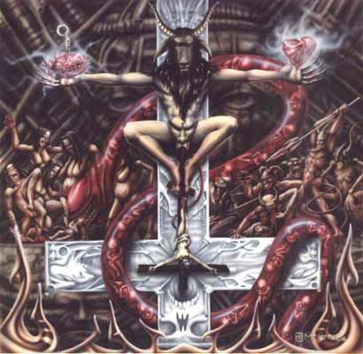 1987 Suzuki Samurai - This image depicts a dark, occult scene with a central goat-headed figure and surrounding demonic figures.