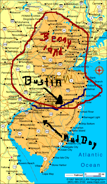 1987 Suzuki Samurai - A map of New Jersey highlights distinct regions, with arrows pointing to 'North Jersey' and 'South Jersey'.