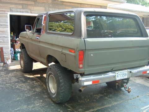 1979 Ford Bronco - This 1979 Ford Bronco is viewed from the rear, showing its Indiana license plate and a trailer hitch.