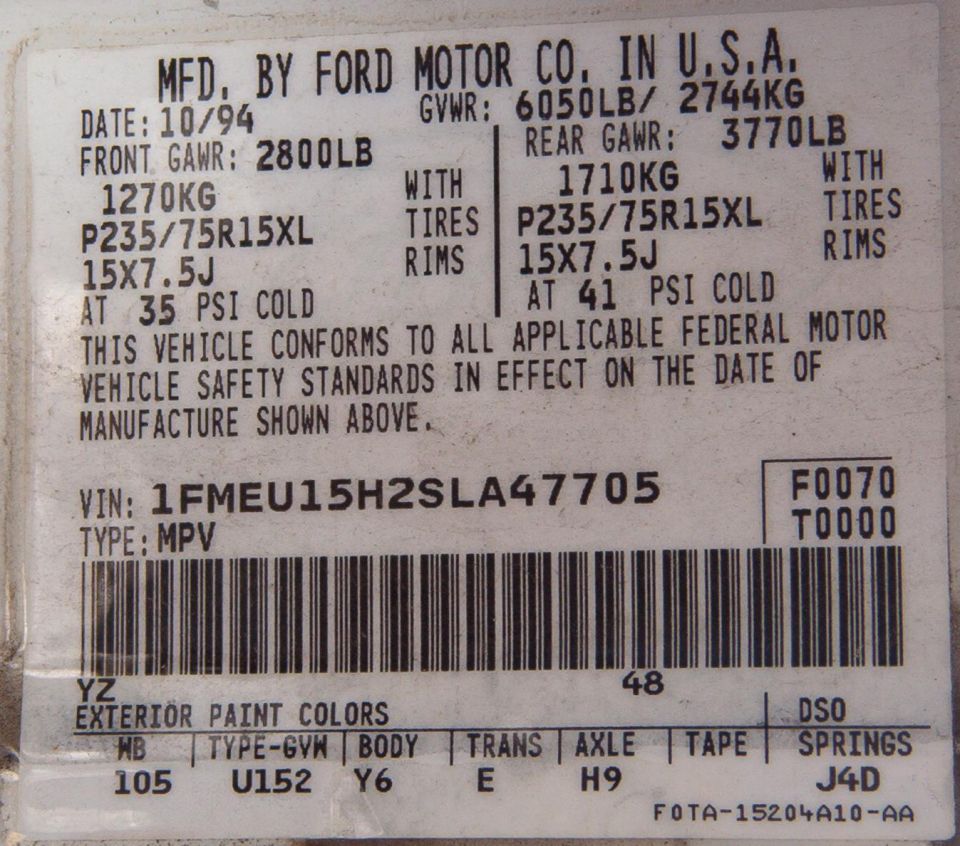 Ford door VIN and certification label dated 10/94