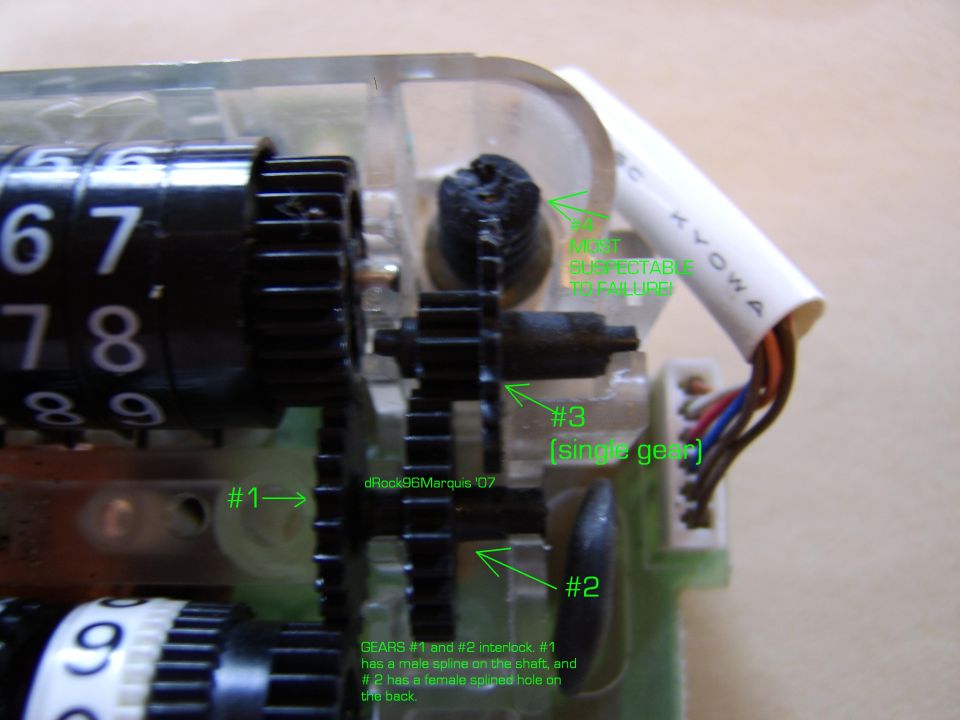 Close-up of an odometer gear assembly inside a gauge cluster