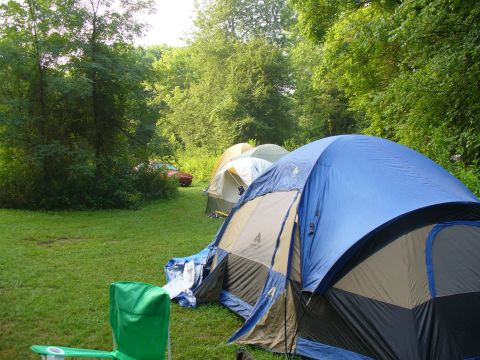 1991 Ford Probe - A campsite scene with several tents pitched on the grass, and a red car parked in the distance among the trees.
