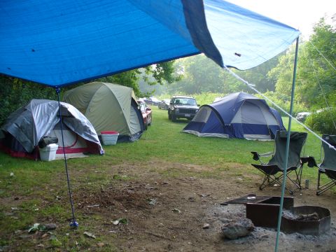 1991 Ford Probe - Multiple tents are set up at a campsite, with several vehicles parked nearby under a large blue tarp.