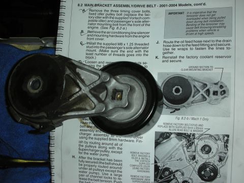 1998 Ford Crown Victoria - Supercharger drive-belt service manual page showing step-by-step bracket and tensioner installation instructions with figures.