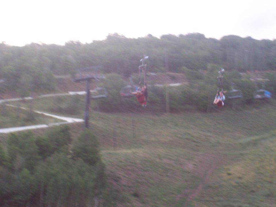 Zipline chairs carrying people ascend a grassy hill with trees