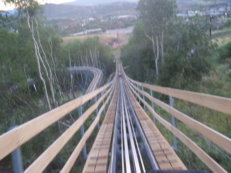 View from an alpine slide track looking down a slope with trees and buildings in the distance