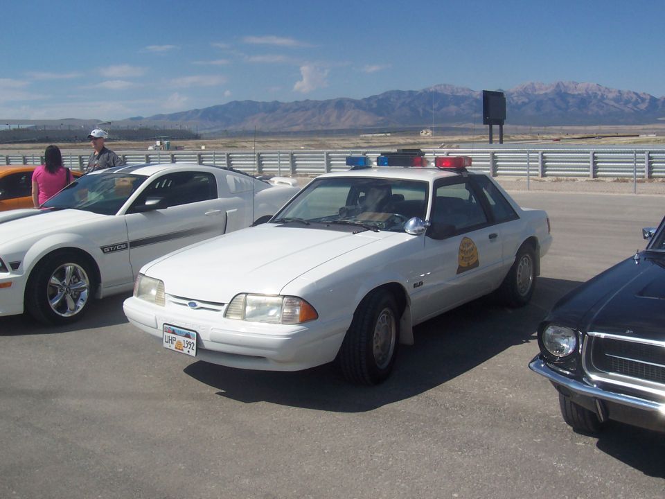 White police car with light bar, parked next to a white Mustang and a black car
