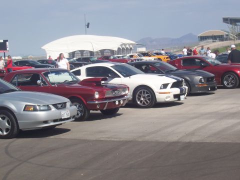 1972 Ford Ranchero - Several Ford Mustangs are parked in a lot, with a silver model in the front.
