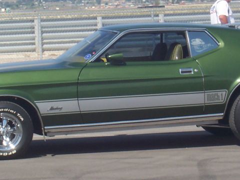 1972 Ford Ranchero - A green 1971 Ford Mustang Mach 1 is parked outdoors with a metal fence in the background.