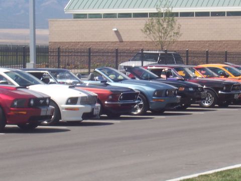 1972 Ford Ranchero - Several Ford Mustangs are parked in a row, their front ends in a 3/4 view.
