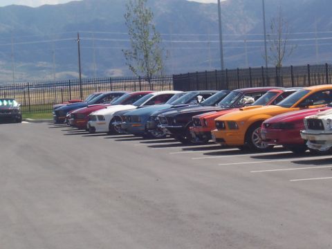 1972 Ford Ranchero - Multiple Ford Mustangs are parked in a row in a parking lot.