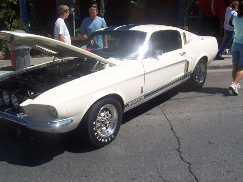 1972 Ford Ranchero - White 1967 Ford Mustang Shelby GT500 with blue racing stripes and side trim.
