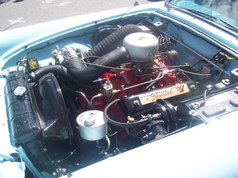 1972 Ford Ranchero - The engine bay features a V8 Thunderbird Special badge and is housed in a light blue vehicle.