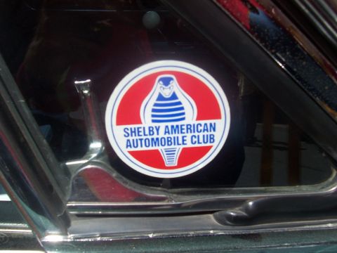 1972 Ford Ranchero - A close-up view of a Shelby American Automobile Club sticker on a vehicle's window.
