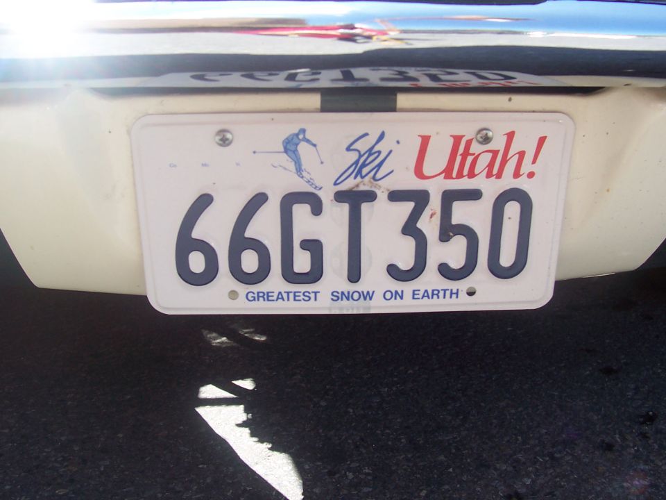 Rear of a vehicle with a Utah license plate reading 66GT350 and 'Greatest Snow on Earth'