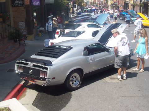 1972 Ford Ranchero - Silver 1970 Ford Mustang Mach 1 at a car show on a sunny day.