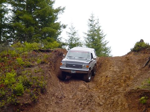 1989 Ford Bronco - This 1987 Ford Bronco navigates a steep, muddy incline surrounded by trees.