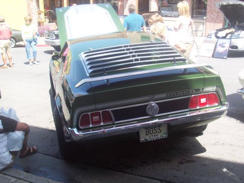 1972 Ford Ranchero - Rear view of a green 1971 Ford Mustang Mach 1 with a custom license plate at a car show.